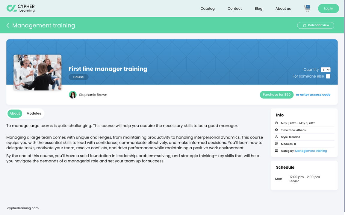 Company portal visitor view, example of a course overview page for a course that must be purchased