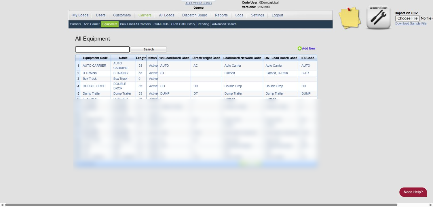0Demo equipment list showing Load Manager equipment codes and sample equipment rows