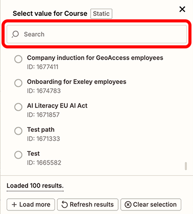 Zapier, Select value for Course window with the Search bar highlighted