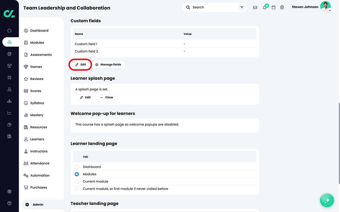 Course, Admin, Basics tab with the Edit button highlighted in the Custom fields section