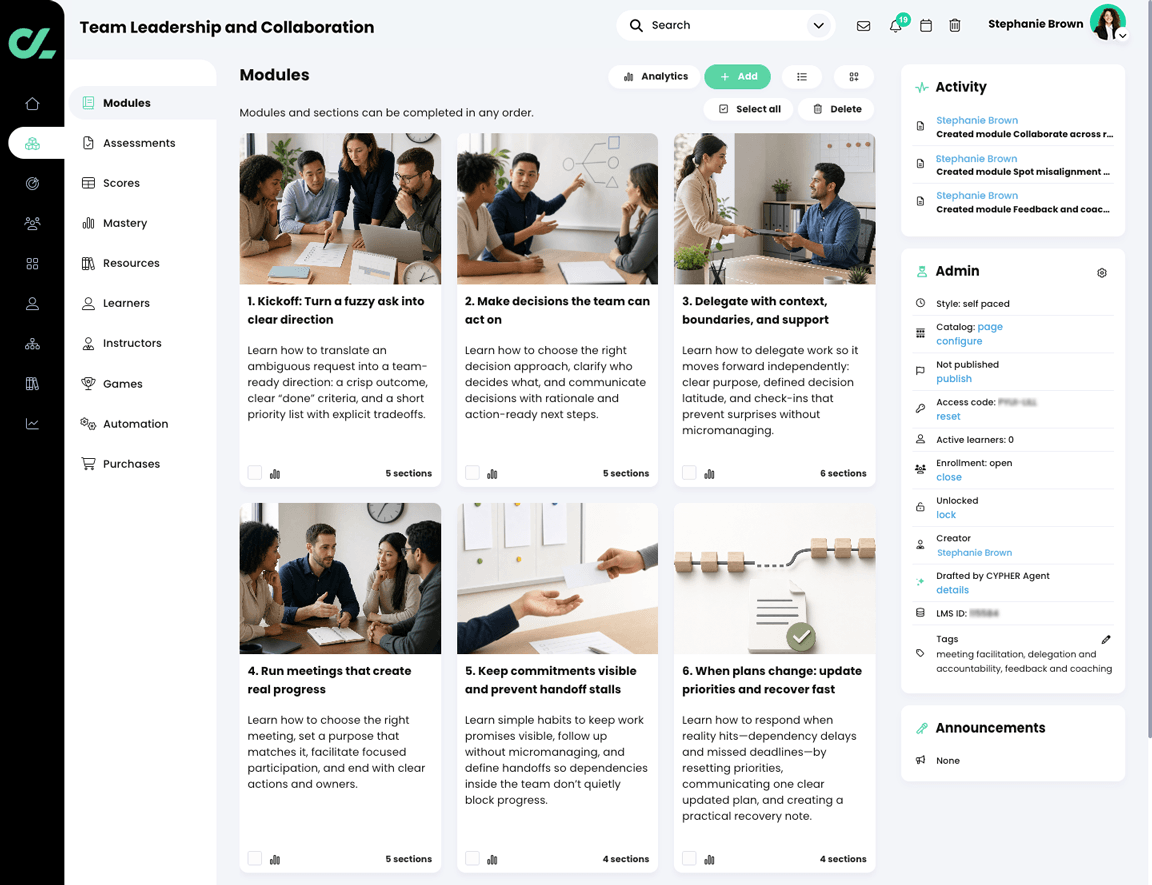 Completed course generated by CYPHER Agent Modules page