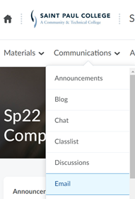 a screenshot of the email button under the communications tab in D2L
