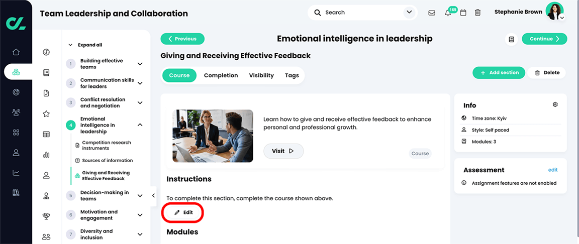 Paths, Modules, Course goal, Course tab with the Edit button highlighted in the Instructions section