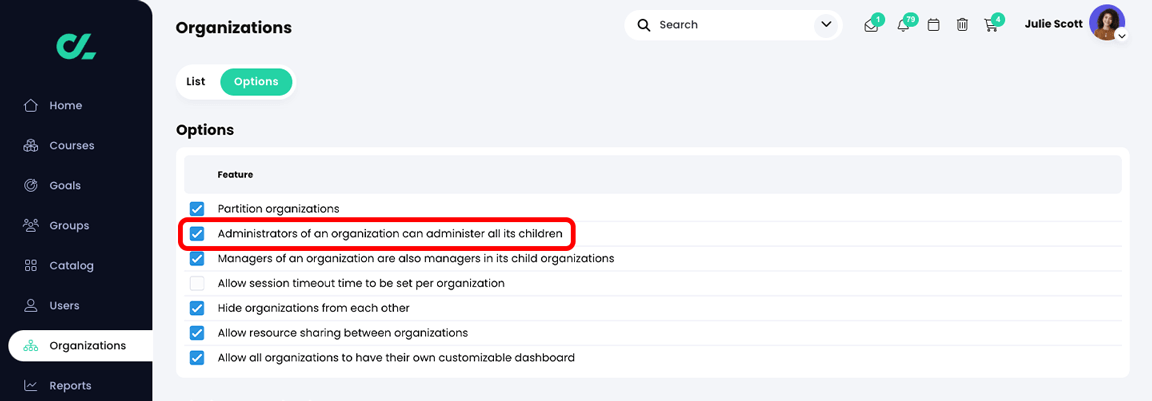 Organizations, Options tab with the Managers of an organization are also managers in its child organizations setting selected and highlighted