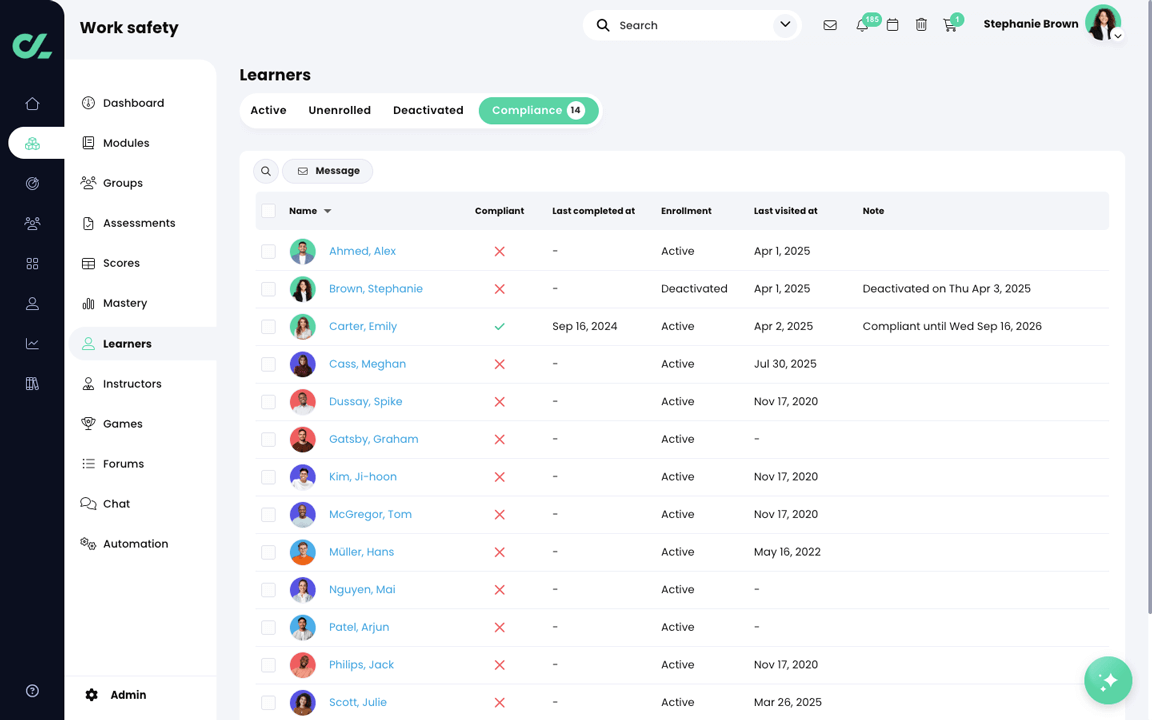 Course, Learners, Compliance tab