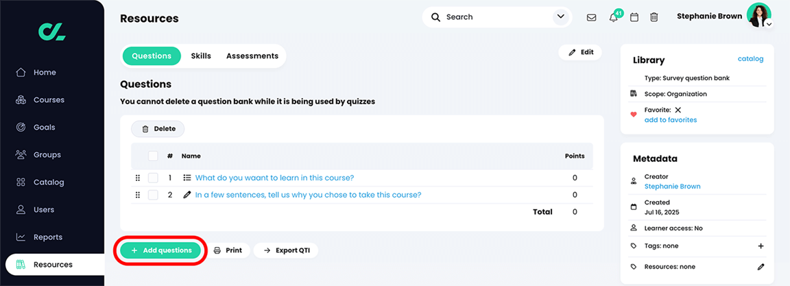 Resources, Question bank page with the Add questions button highlighted
