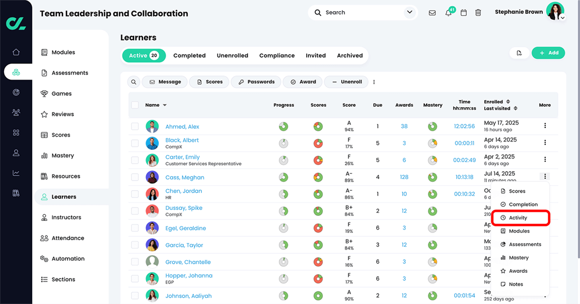 Course, Learners, Active tab with the More menu active and the Activity button highlighted on the menu