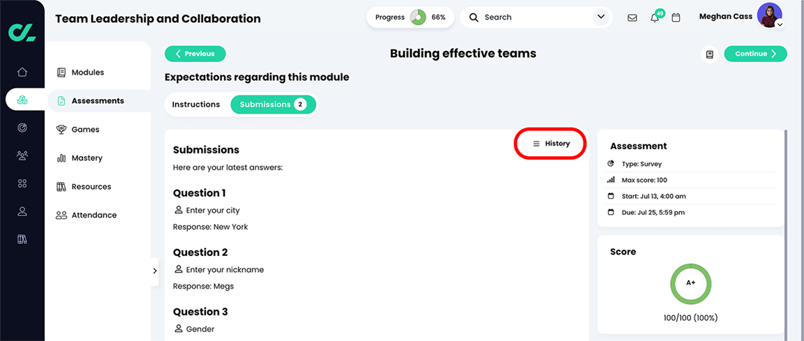 Learner perspective of a course, Survey assessment, Submissions tab with the History button highlighted