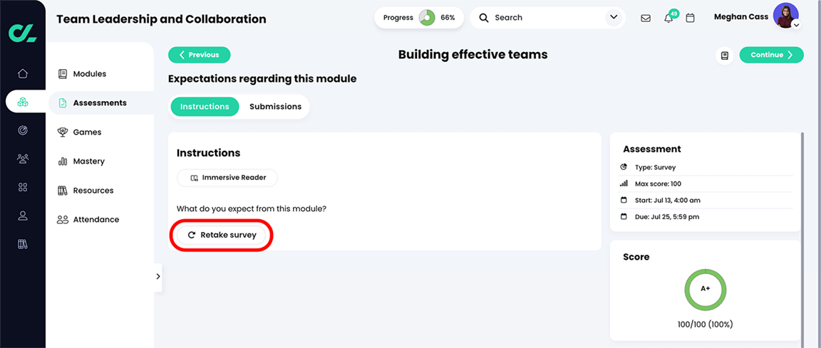 Learner perspective of a course, Survey assessment instructions page with the Retake survey button highlighted