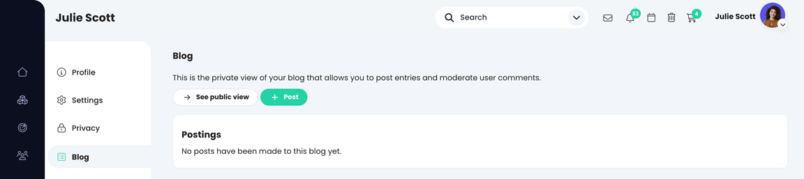 Profile, Blog page showing no postings made yet