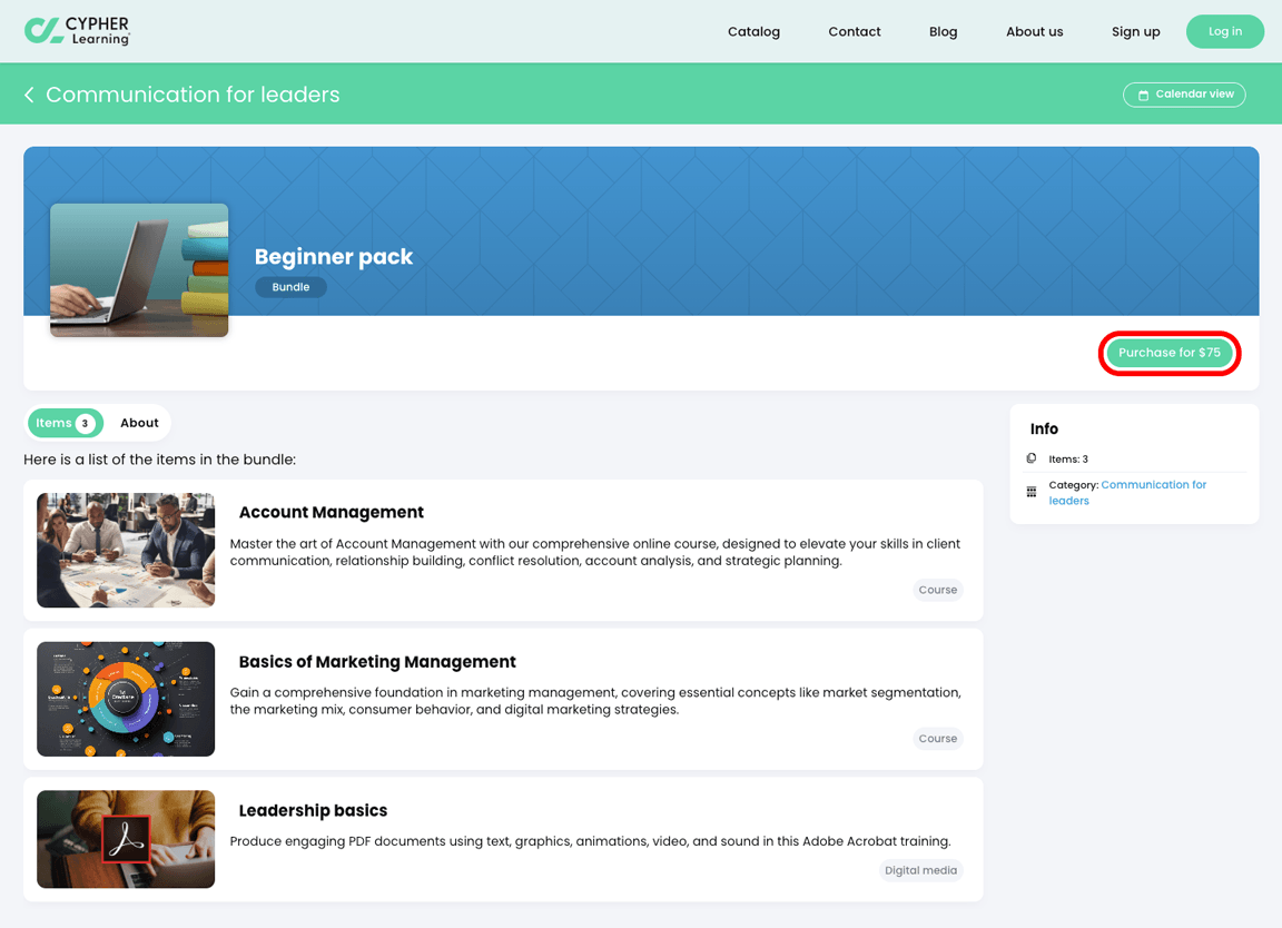 Visitor portal, Catalog, Beginner pack bundle page with the Purchase button highlighted