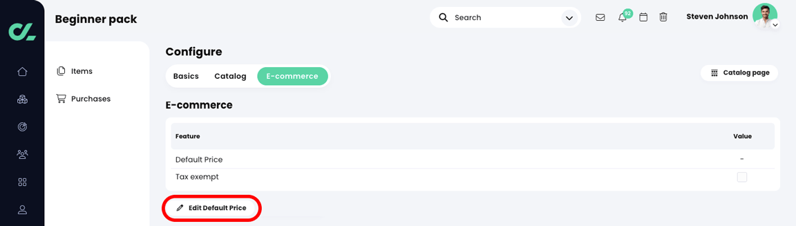 Admin, E-commerce, Bundle, Configure page, E-commerce tab with the Edit Default Price button highlighted