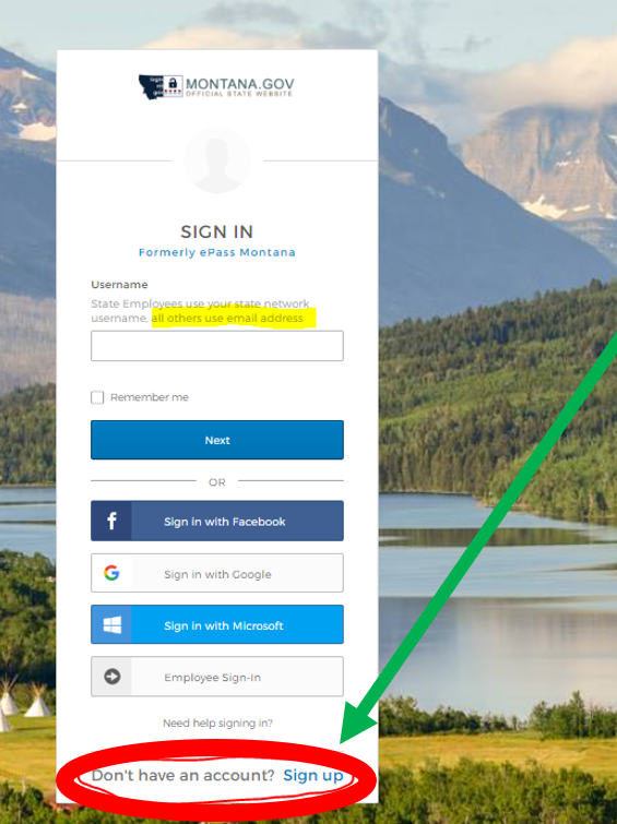 Sign in page with a green arrow pointing at a sign up link circled in red. 