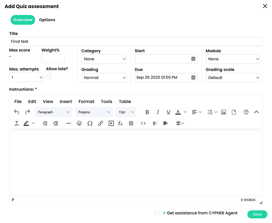 Add Quiz assessment pop-up, Overview tab