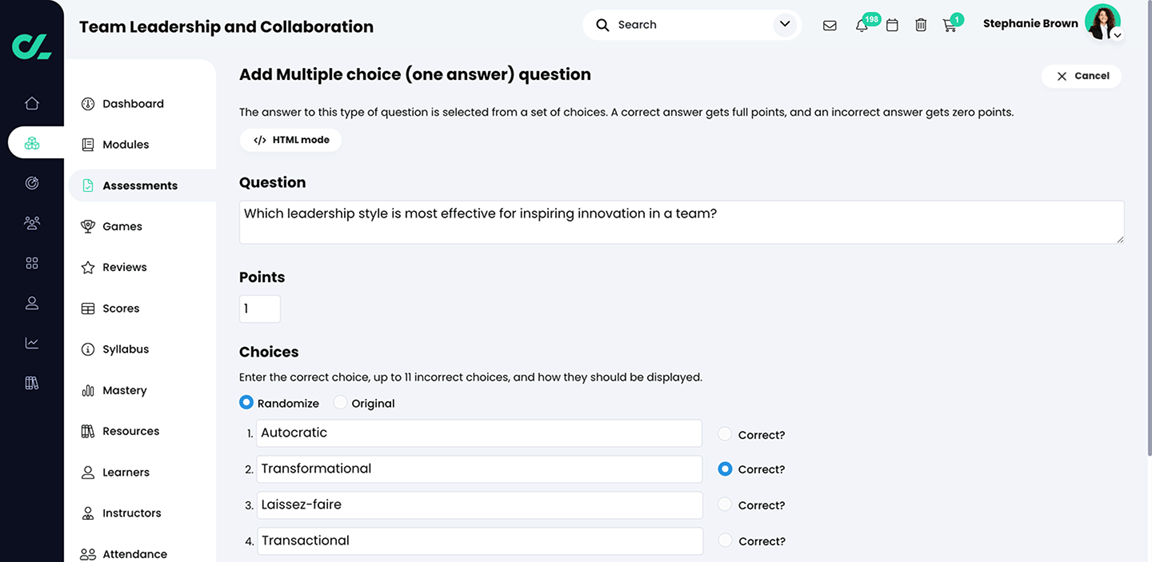 Course, Assessments, Quiz, Add Multiple choice (one answer) question page