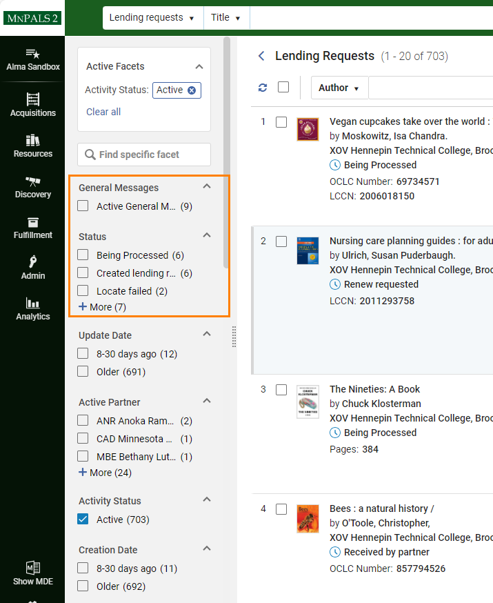 Facets showing General message and status higher in facet list.