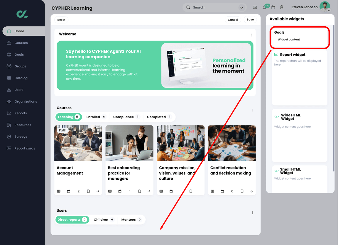 Edit widget mode with the Goals widget highlighted in the right column with an arrow pointing at the center panel