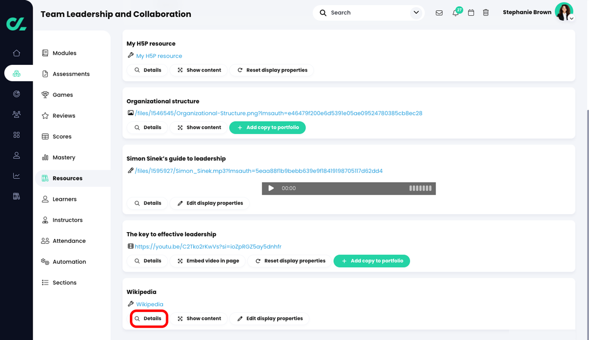 Course, Resources page with the Details button highlighted for a tool