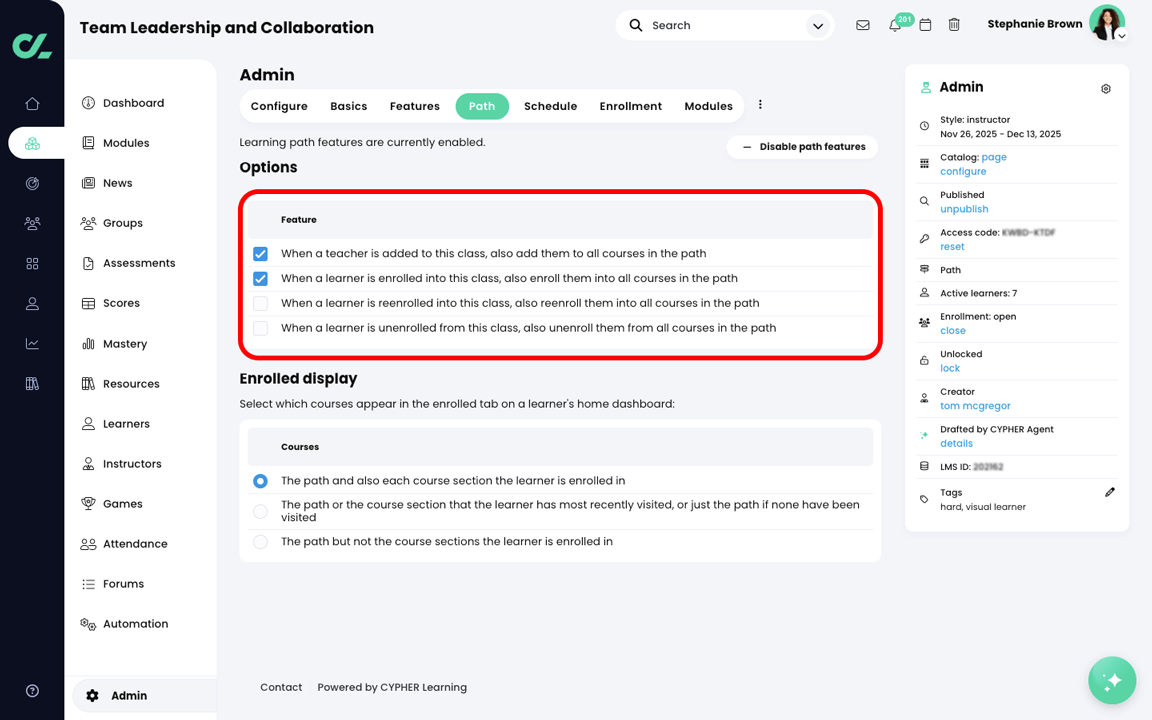 Path, Admin, Path tab with the Options section highlighted
