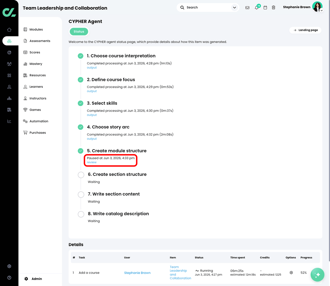 CYPHER Agent status page with the review button highlighted in the Create module structure section
