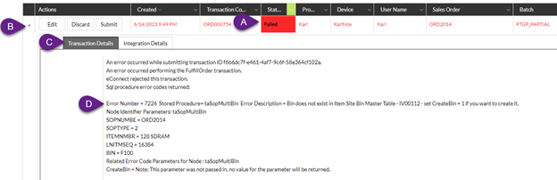 Example eConnect error message on a failed transaction