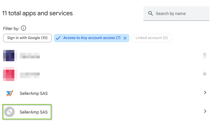 Identifying the second SellerAmp entry in Google's connected apps for full access removal.