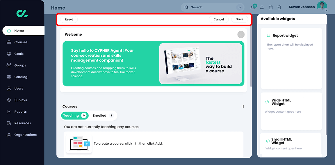 Center panel edit view with the Reset, Cancel, and Save buttons highlighted