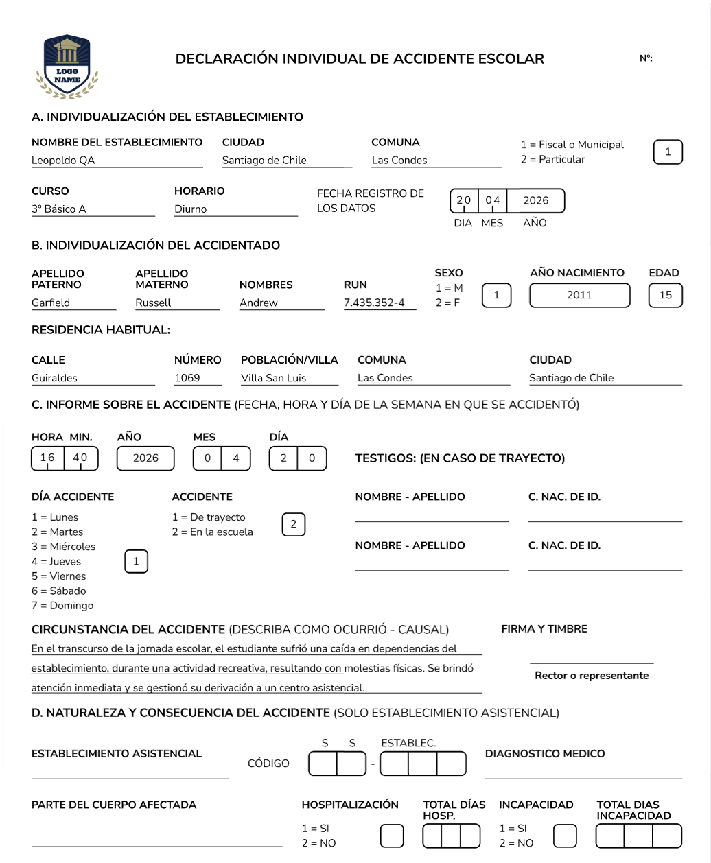 Declaración Individual de Accidente Escolar emitida desde Kimche, con los datos del establecimiento, del estudiante y las circunstancias del accidente