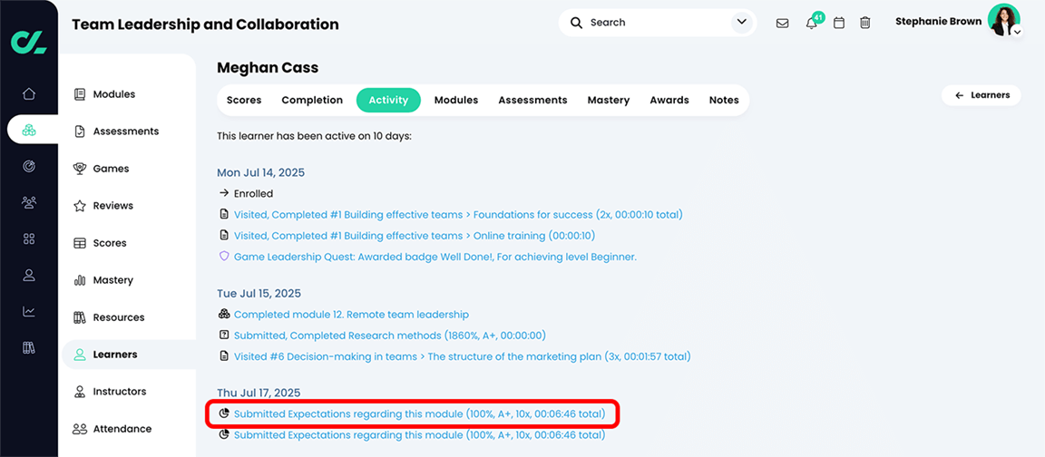 Course, Learners, Individual learner, Activity tab with a learner's survey assessment activity highlighted