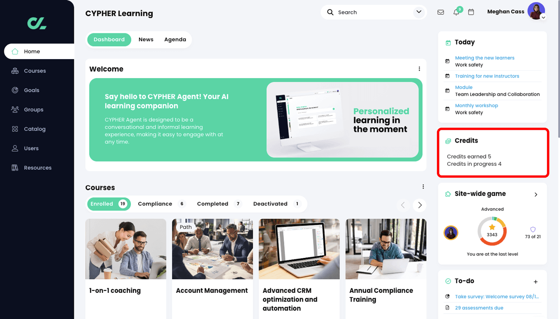 Learner home page dashboard with the Credits widget highlighted