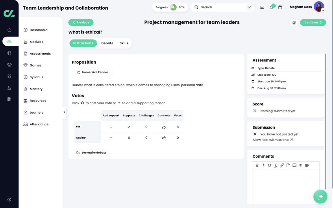 Course, Assessments, Debate assessment, Instructions tab