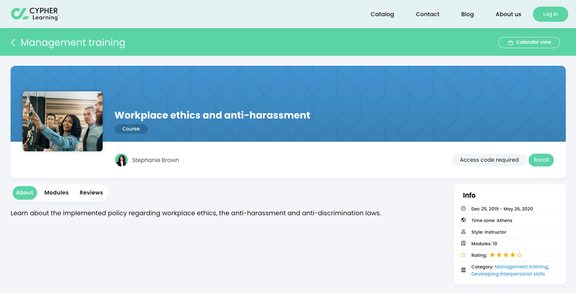 Company portal visitor view, example course overview page