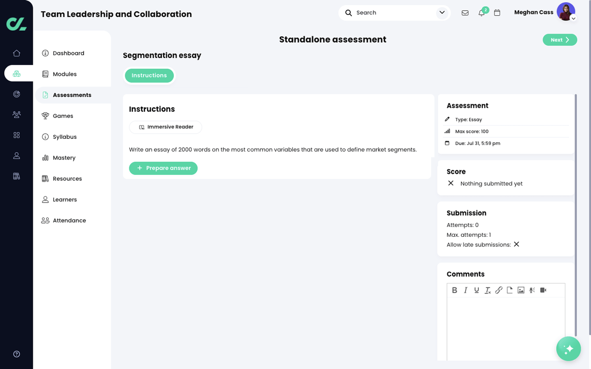 Course, Assessments, Essay assessment example