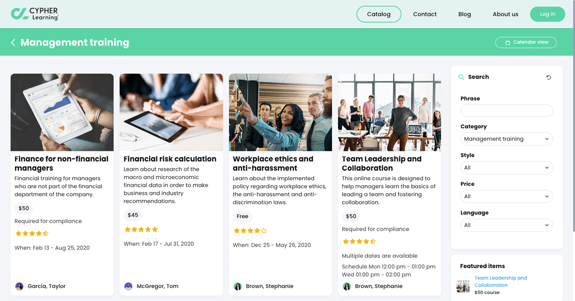Company portal visitor Catalog, Management training category