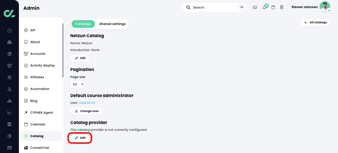 Admin, Catalog, Netzun settings page with the Edit button highlighted in the Catalog provider section