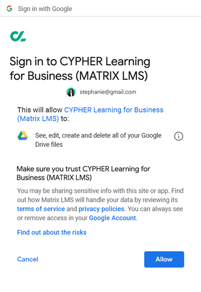 Google Drive authentication pop-up allowing the CYPHER platform to connect to Google Drive