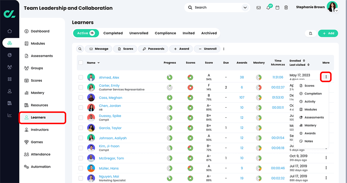 Course, Learners highlighted on the course navigation menu, Active tab with the More icon highlighted for a learner