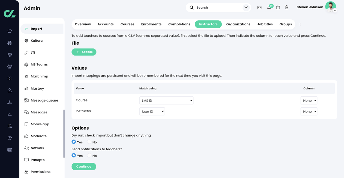 Admin, Import, Instructors tab 