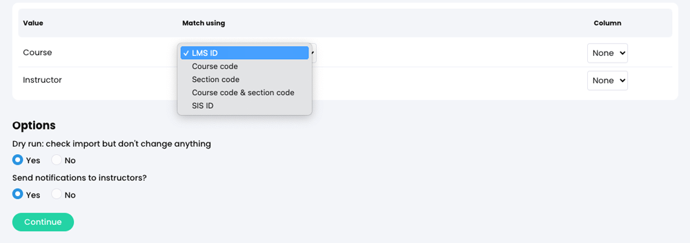 Admin, Import, Instructors tab with the Course 'Match using' menu active