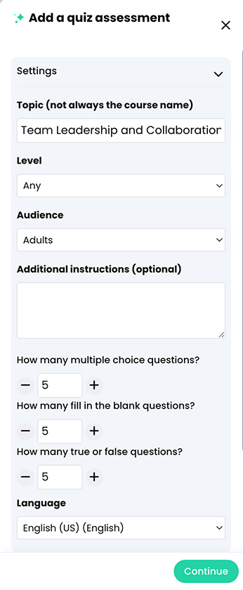 CYPHER Agent menu, Add a quiz assessment, Settings tab open