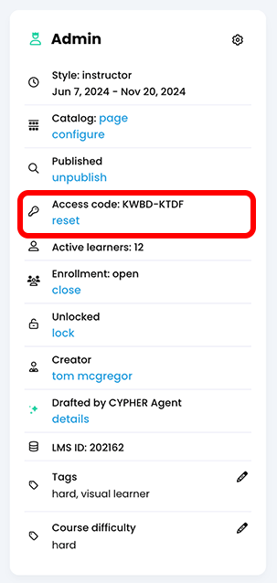 Admin panel, Access code highlighted