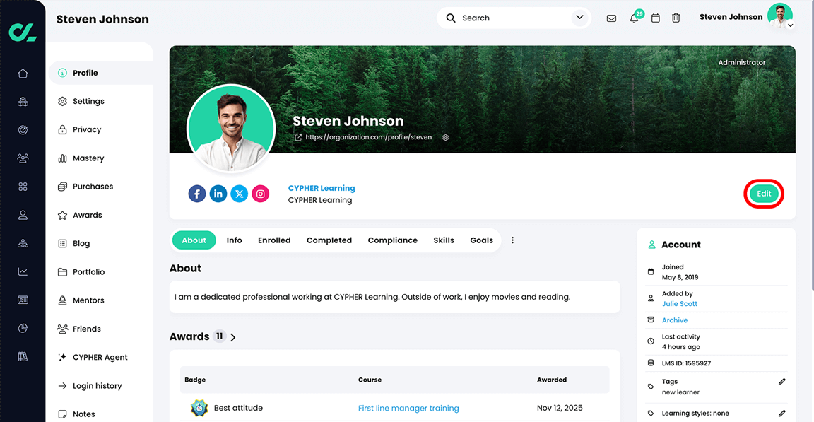 User profile page with the Edit profile button highlighted
