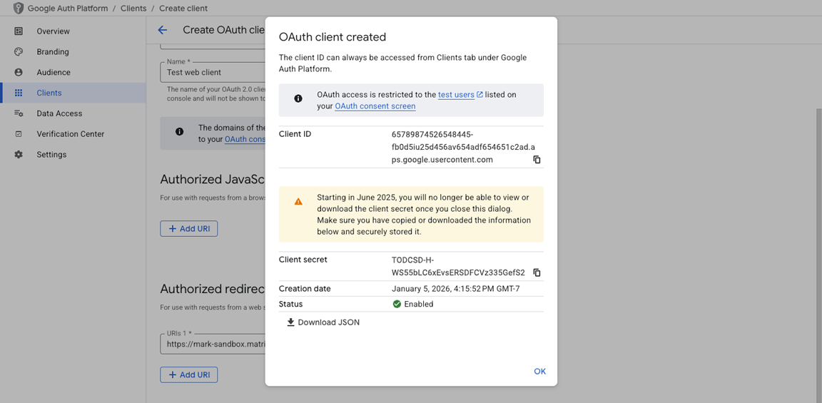 Google Cloud Console, Google Auth Platform, Clients, OAuth client created pop-up with a Client ID and Client secret