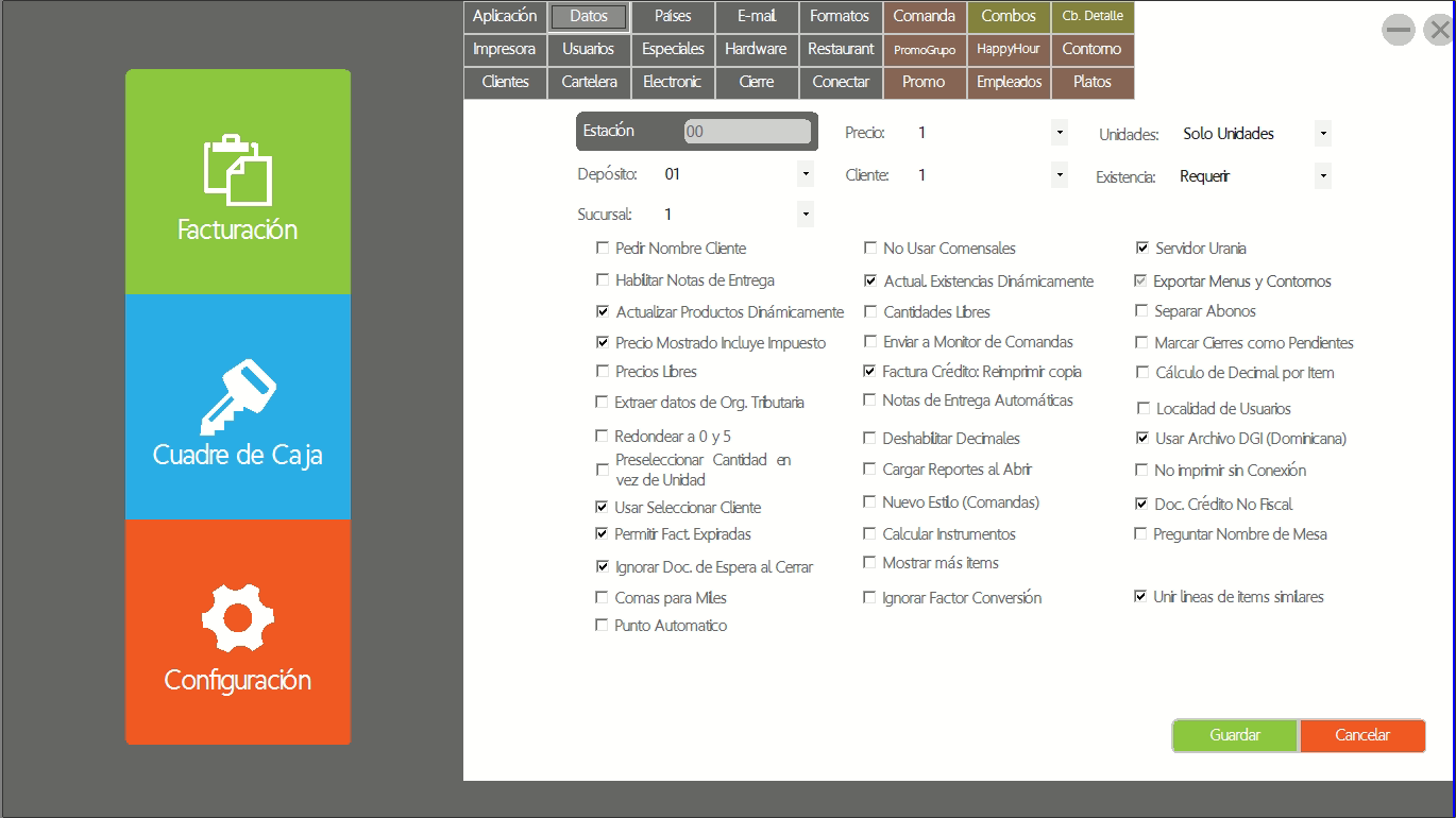 Pantalla general de configuración de RetailSPOS
