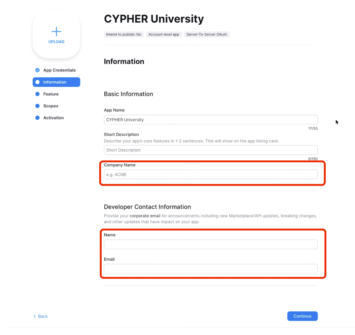 Zoom app marketplace, new server-to-server OAuth app, Information tab with the Company Name, Developer Contact Name, and Developer Contact Email fields highlighted