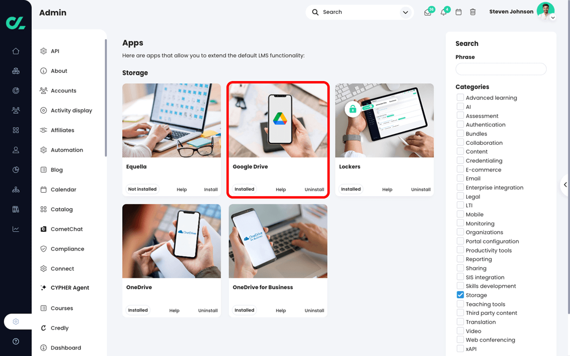 Admin, App center page showing the Google Drive app highlighted