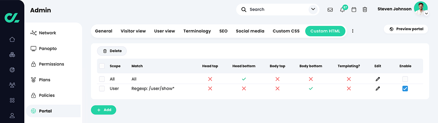 Admin, Portal, Custom HTML tab with an HTML rule added