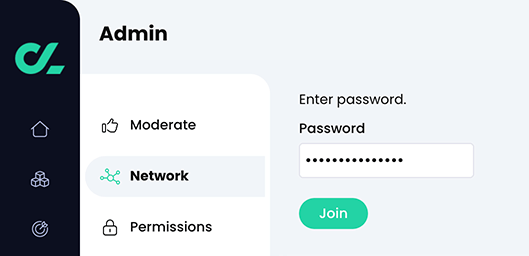 Admin, Network, Enter password screen with an example password entered