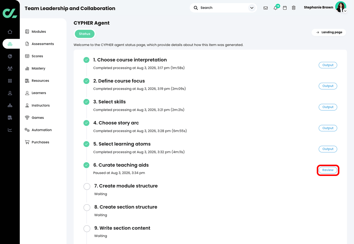 CYPHER Agent status page with the Review button highlighted in the Curate teaching aids section