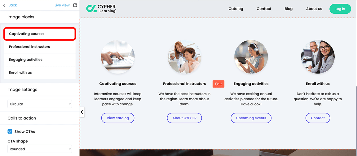 Portal visual editor, Image blocks menu with the first image block highlighted